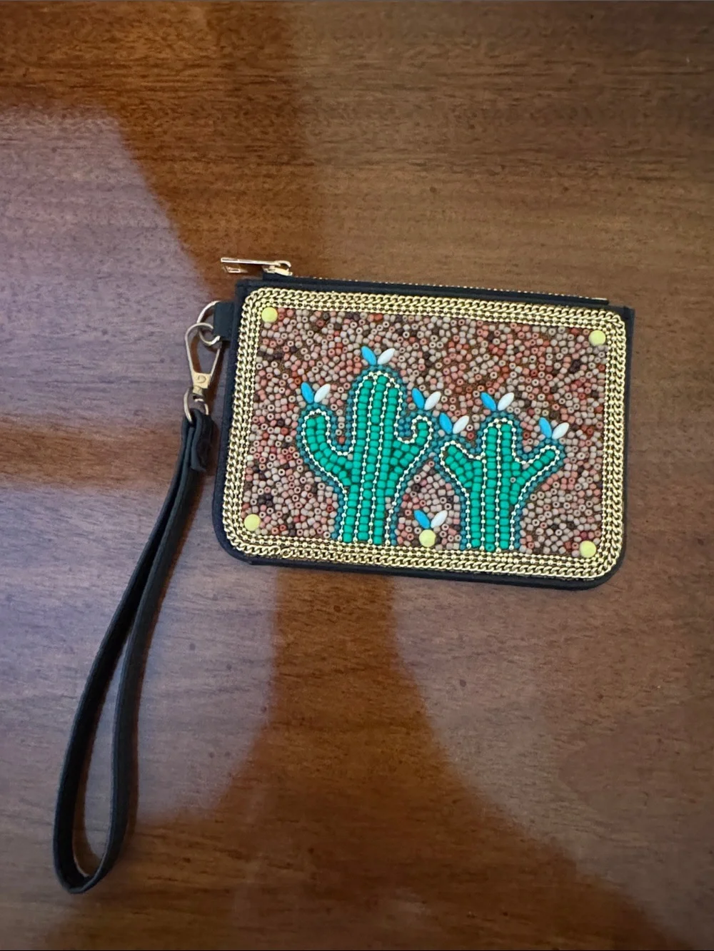 Beaded Cactus Wristlet Pouch in Green and Brown